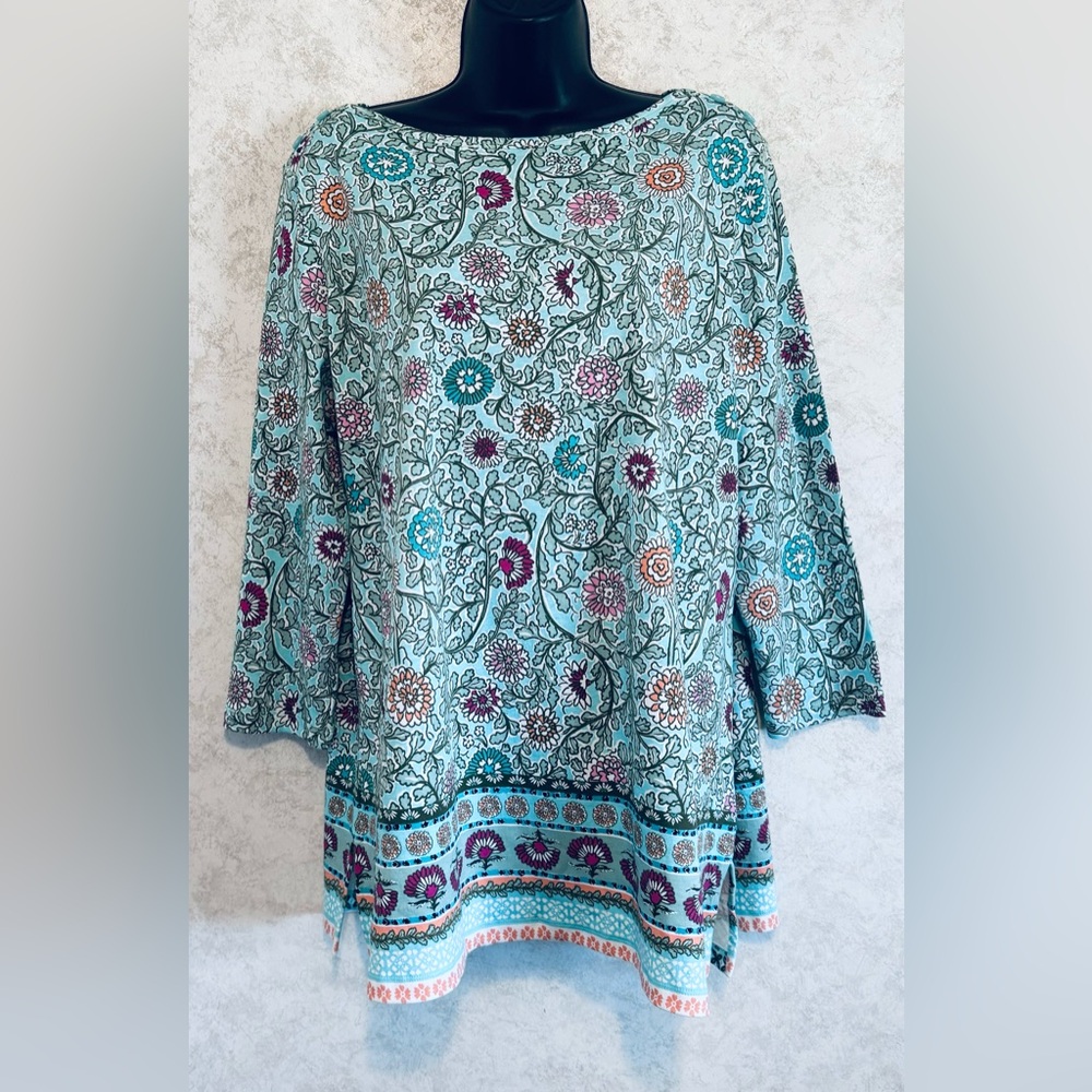 Kim Rogers Womens Perfectly Soft Tee Blue Floral Green Leaves Size XL 3/4 Sleeve